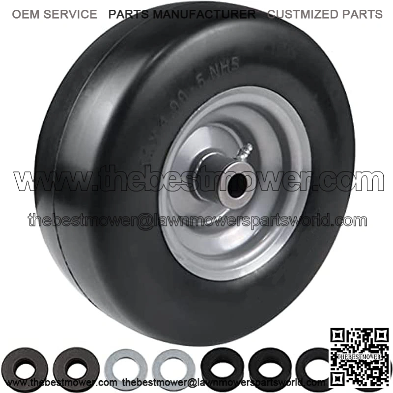 11x4.00-5" Flat Free Lawn Mower Tire on Wheel, 3/4" or 5/8" Bushing, 3.4" -4" -4.5" -5" Centered Hub, Universal Fit Tread Tire for Zero Turn Lawn Mowers, with Universal Adapter Kit