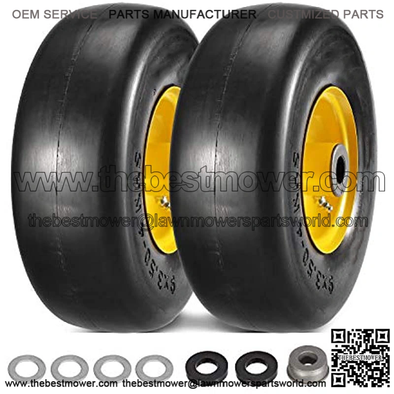 2PCS 9x3.50-4" Flat Free Lawnmower Tire on Wheel, 3.5" Centered Hub, 3/4" Bushings(Universal Adapter Kit Include: 2pcs 5/8" Sintered Iron Bushings, 2pcs 1/4" Nylon Spacers, 4pcs Steel Washers)