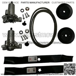 deck rebuild kit for poulan included 2 heavy duty spindles 130794, 2 mulcher blades 134149, 2 pulleys 173436, deck belt 144959 95"